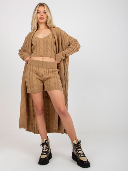 Camel three-piece knitted set cardigan top and shorts