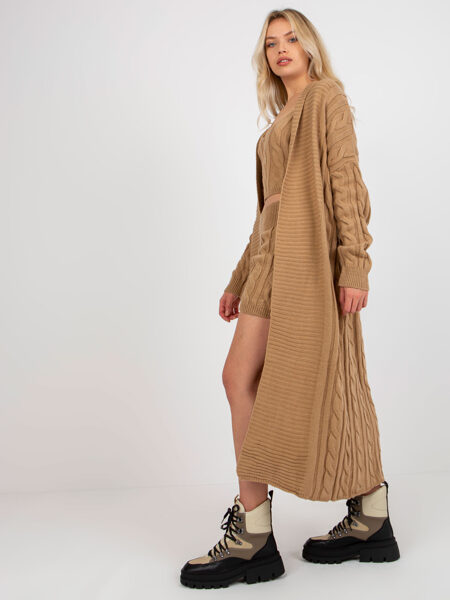 Camel three-piece knitted set cardigan top and shorts