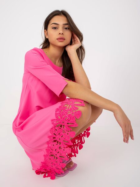 Pink loose cocktail dress with openwork trim